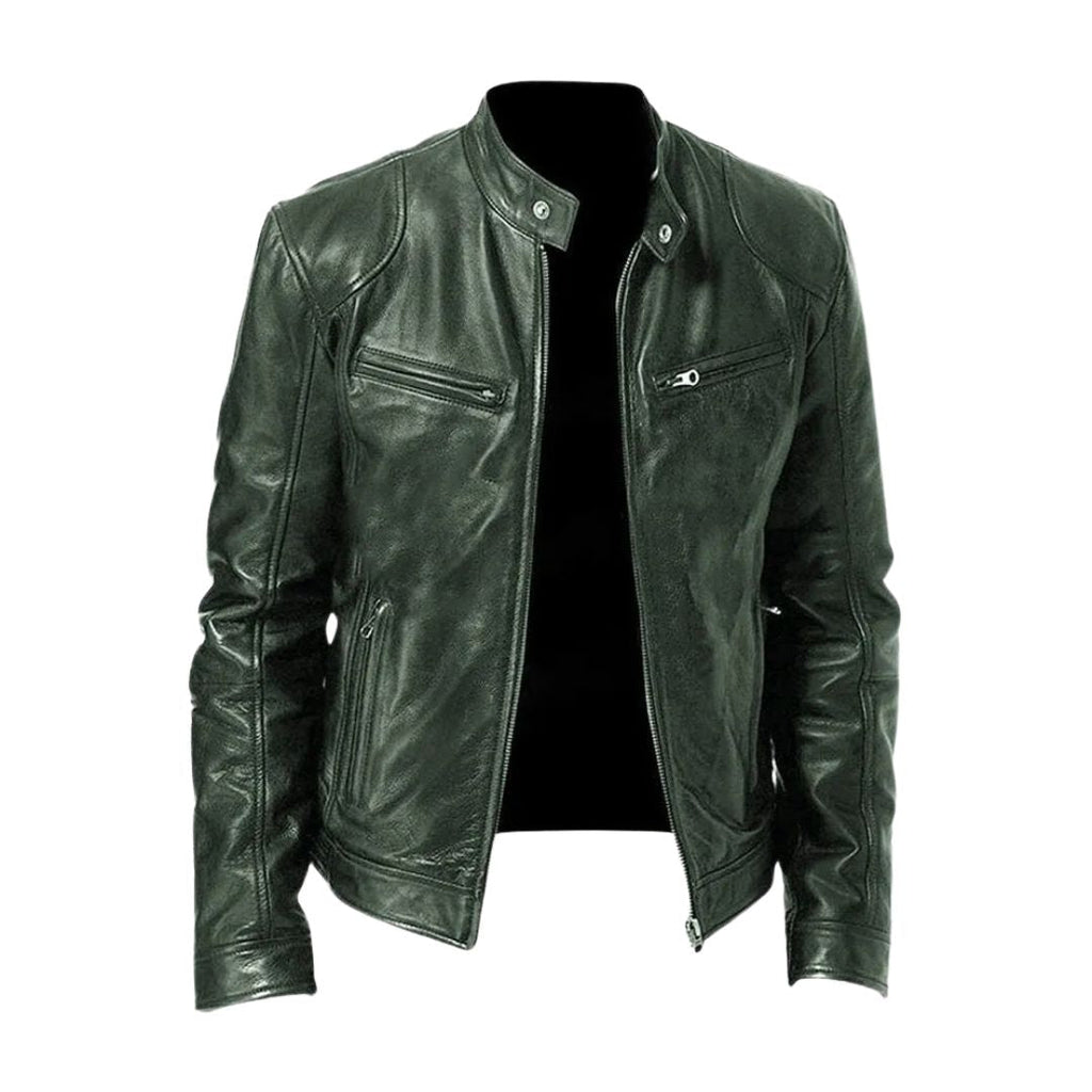 Clint - PU Leather Moto Jacket in Dark Green