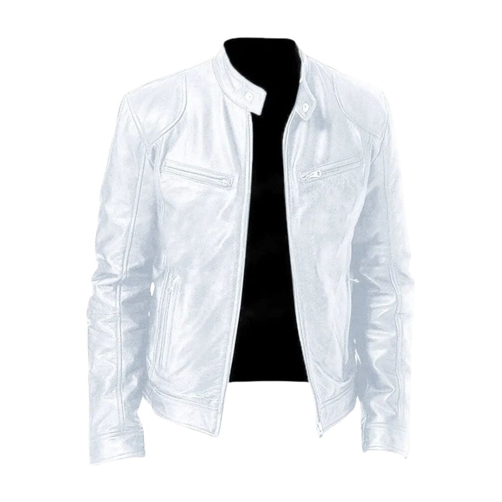 Clint - PU Leather Moto Jacket in White