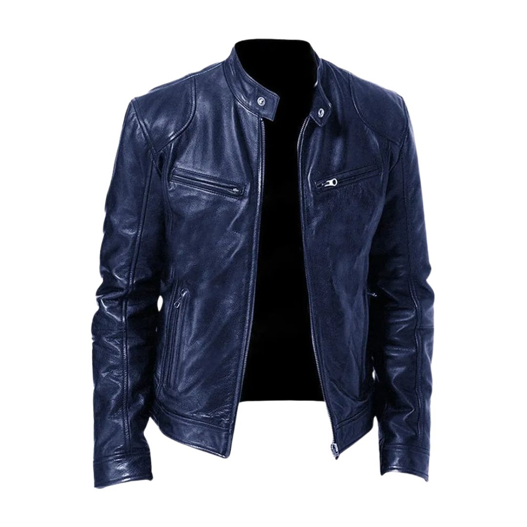 Clint - PU Leather Moto Jacket in Navy