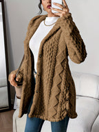 Cora plush hooded longline cardigan in brown, worn open over a white top