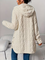 Cora plush hooded longline cardigan in cream, back view showing the hood and length