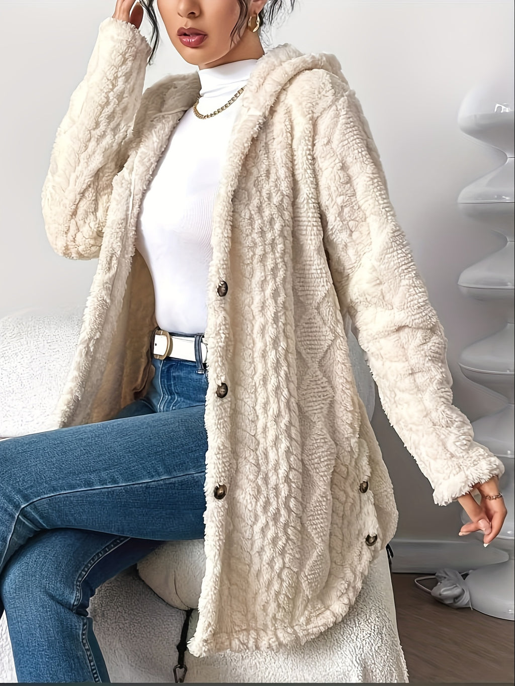 Cora plush hooded longline cardigan in cream, worn seated with jeans