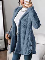 Cora plush hooded longline cardigan in denim blue, worn open over a white top