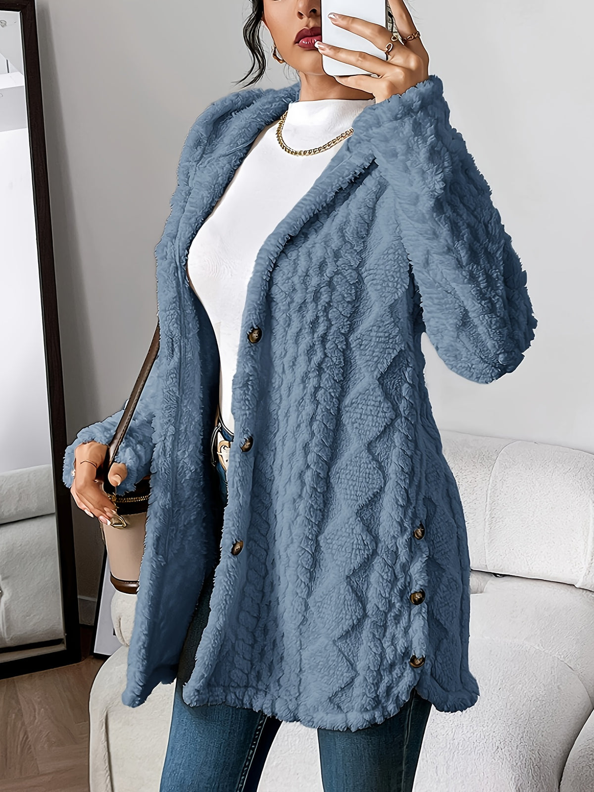Cora plush hooded longline cardigan in denim blue, worn open over a white top