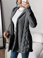 Cora plush hooded longline cardigan in grey, worn open over a white top