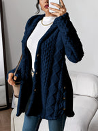 Cora plush hooded longline cardigan in navy, worn open over a white top