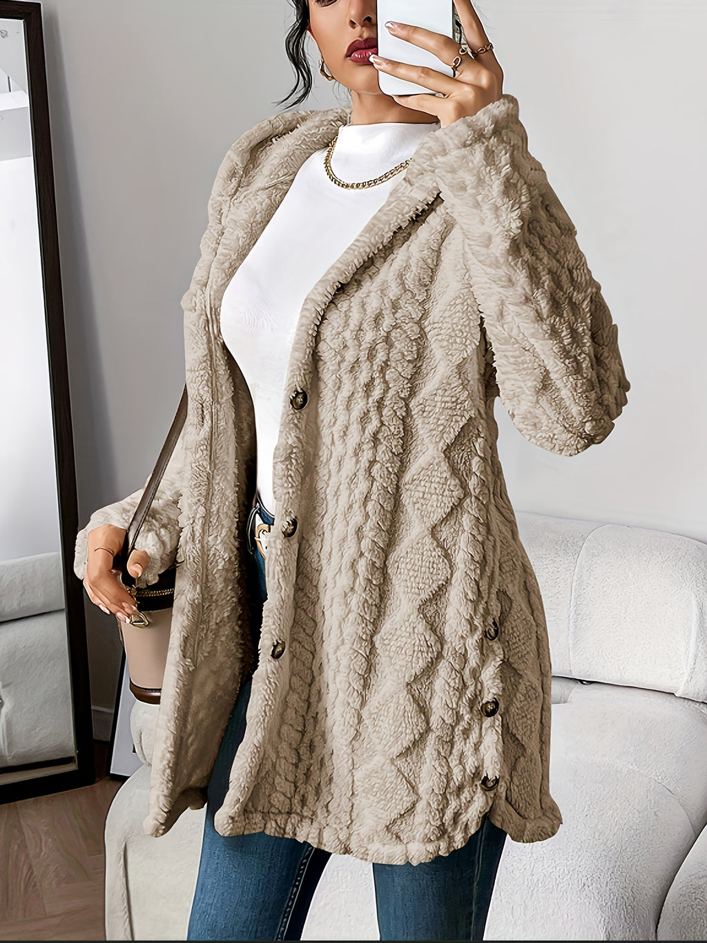 Cora plush hooded longline cardigan in taupe, worn open over a white top