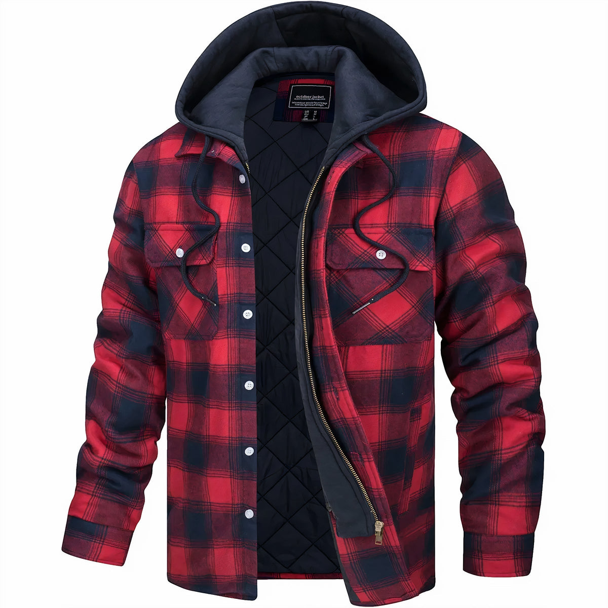 Dale - Hooded Quilted Flannel Shirt Jacket in Red Plaid