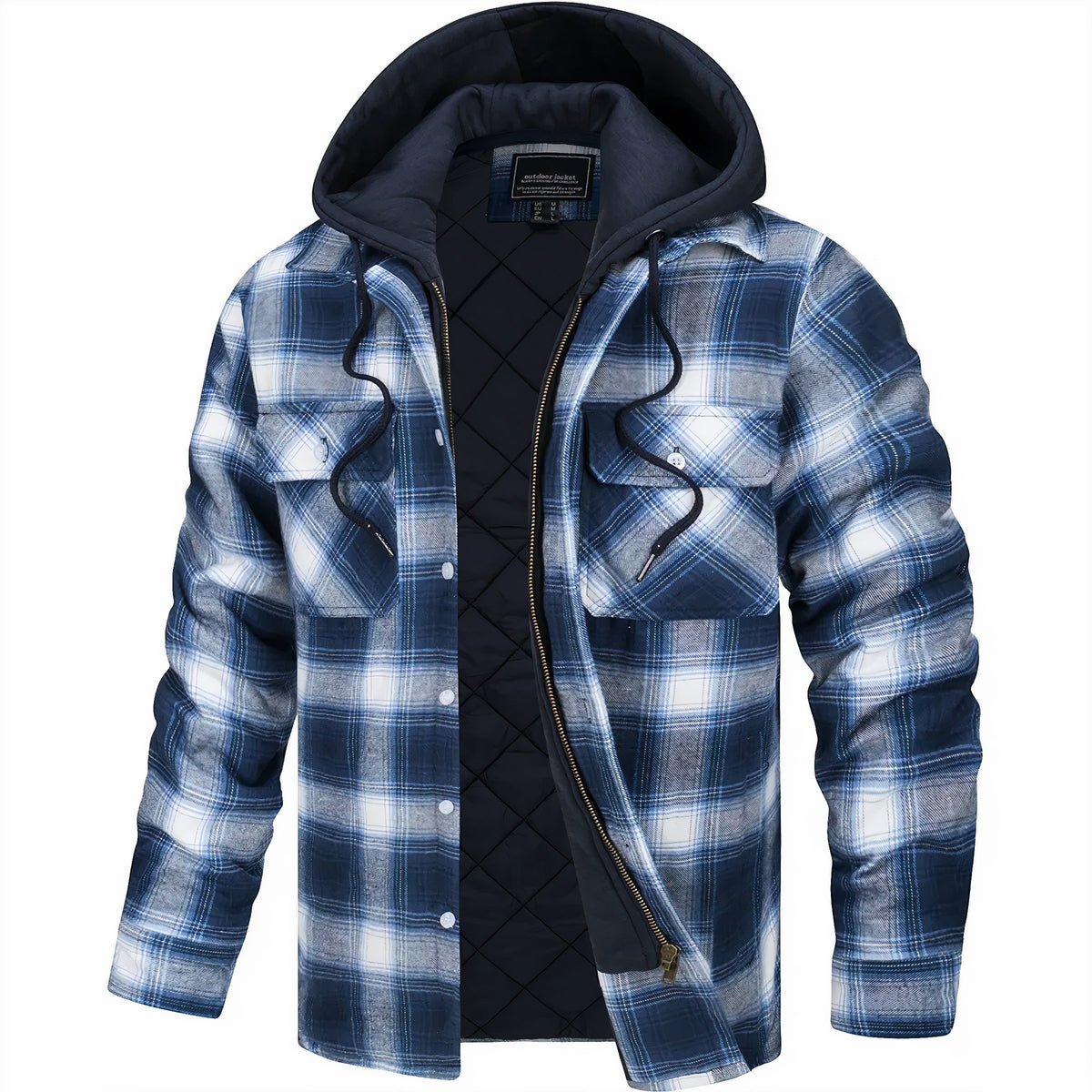 Dale - Hooded Quilted Flannel Shirt Jacket in White & Blue Plaid
