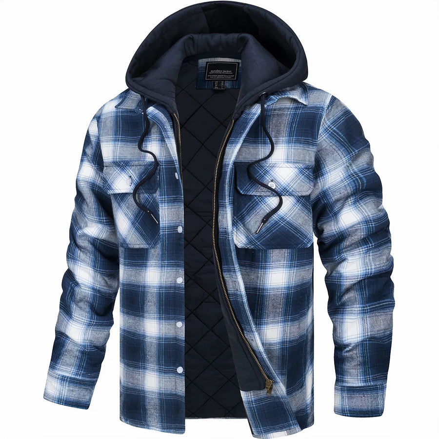 Dale - Hooded Quilted Flannel Shirt Jacket in White & Blue Plaid