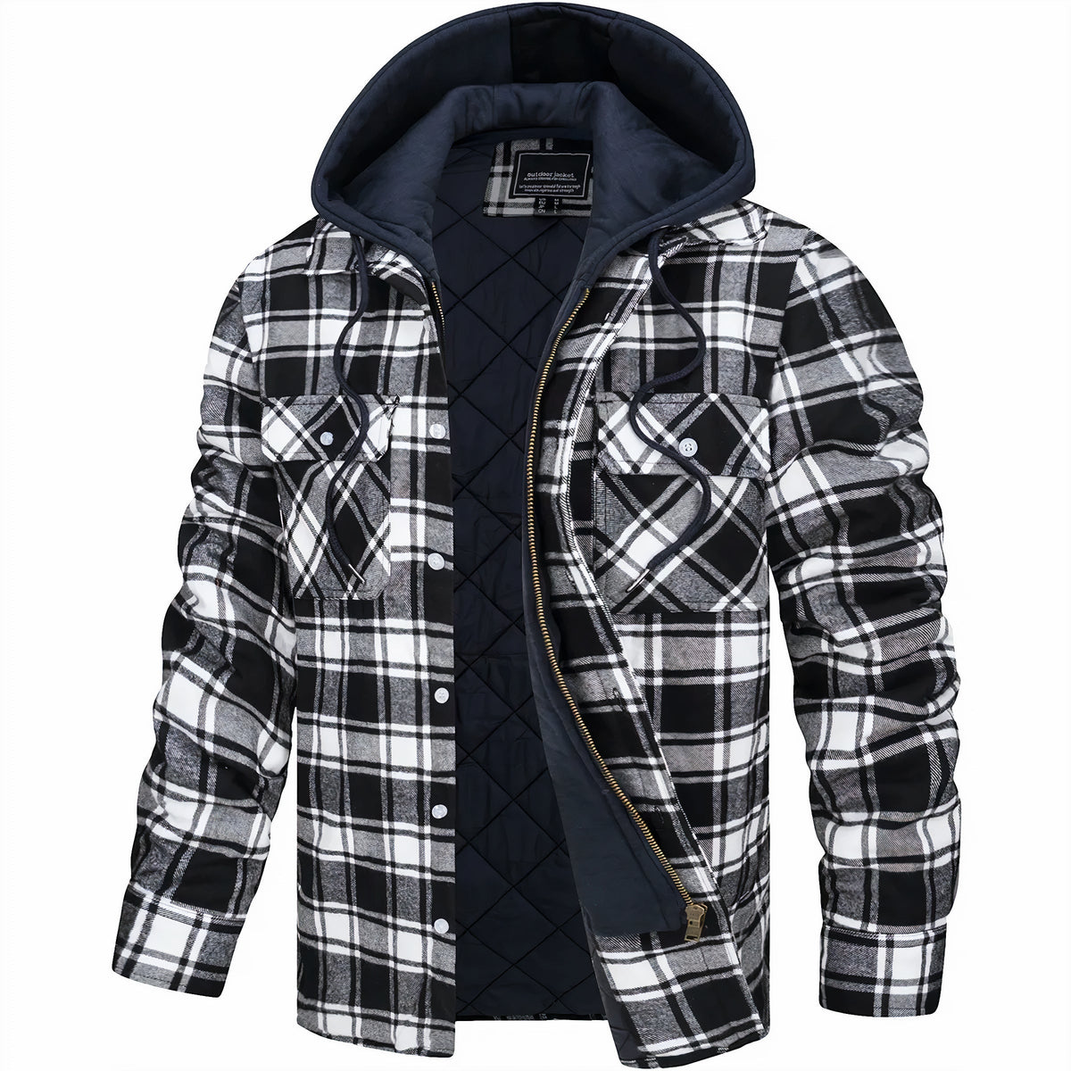 Dale - Hooded Quilted Flannel Shirt Jacket in Black & White Plaid
