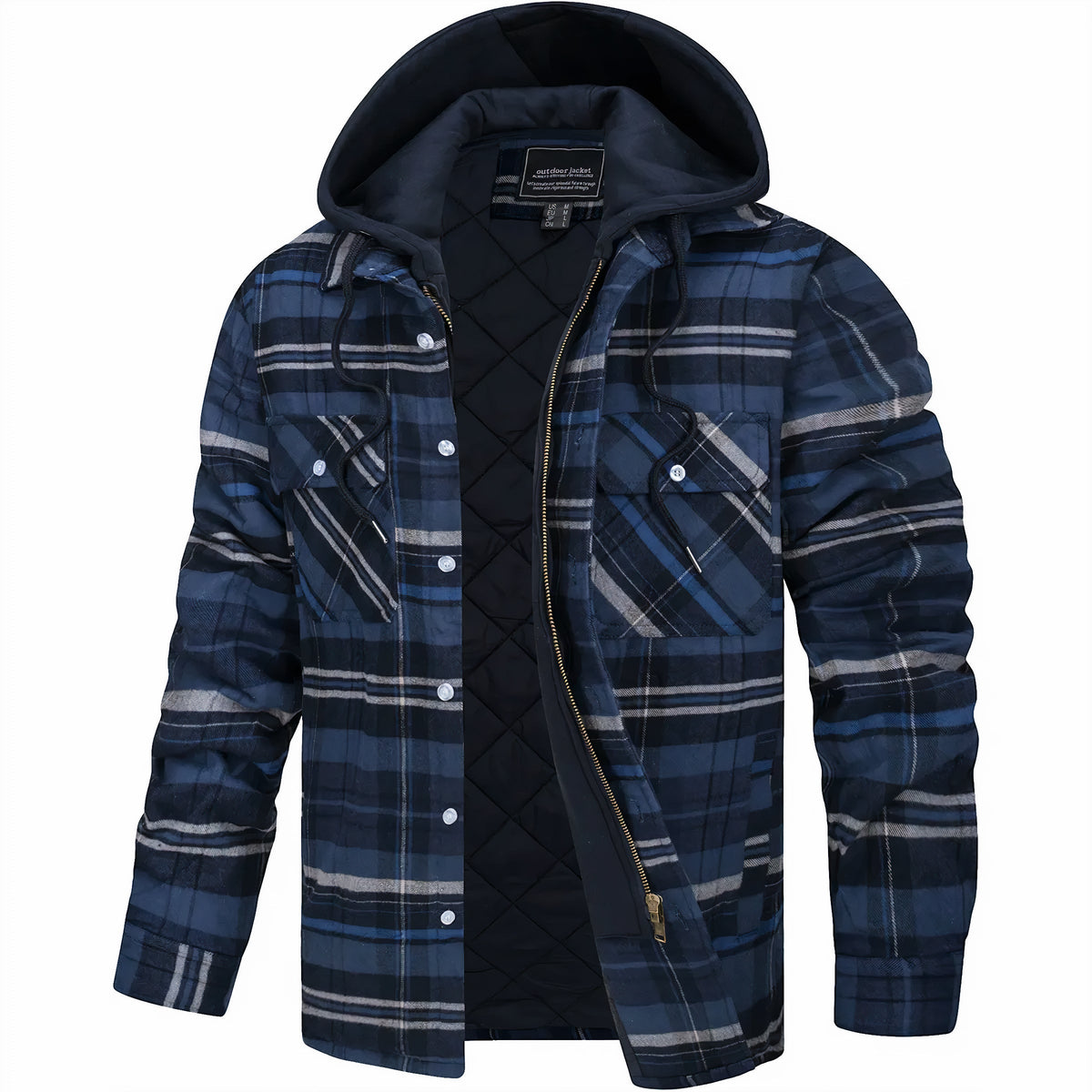Dale - Hooded Quilted Flannel Shirt Jacket in Navy Plaid