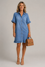 Denim - Ruffle Trim Shirt Dress
