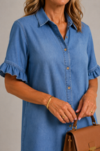 Denim - Ruffle Trim Shirt Dress