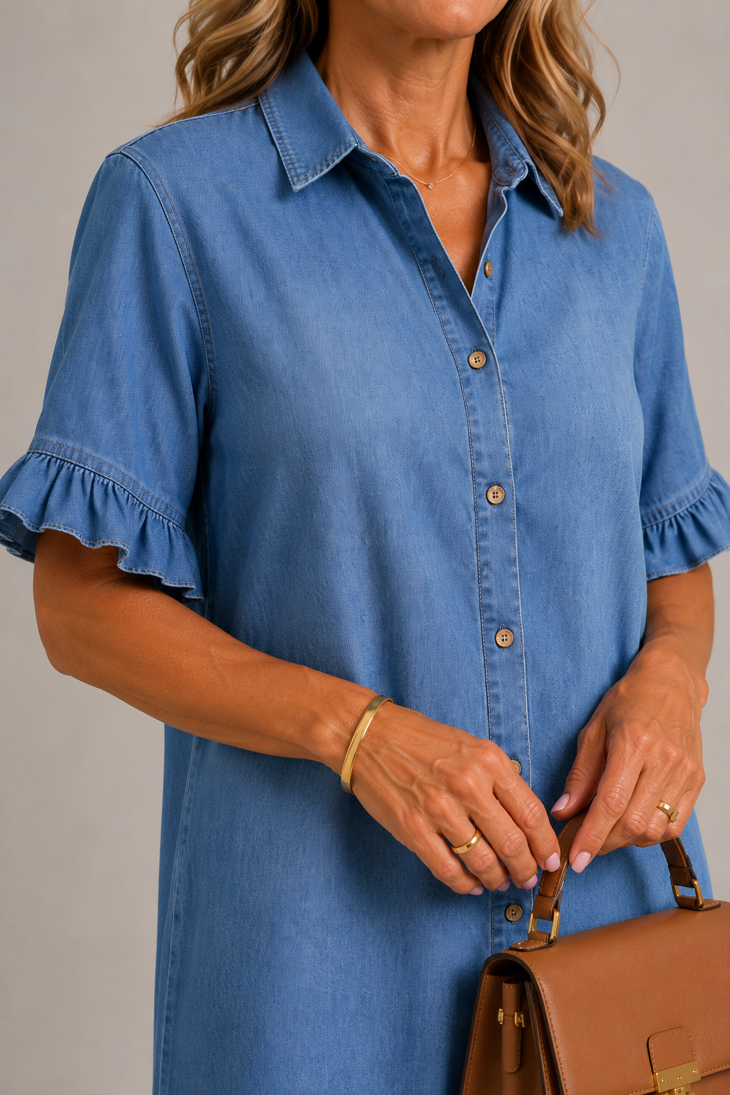 Denim - Ruffle Trim Shirt Dress