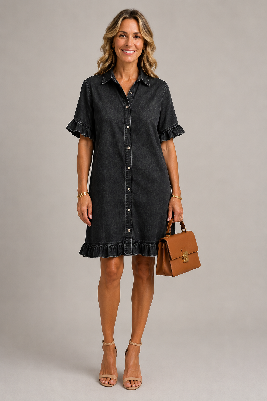 Denim - Ruffle Trim Shirt Dress