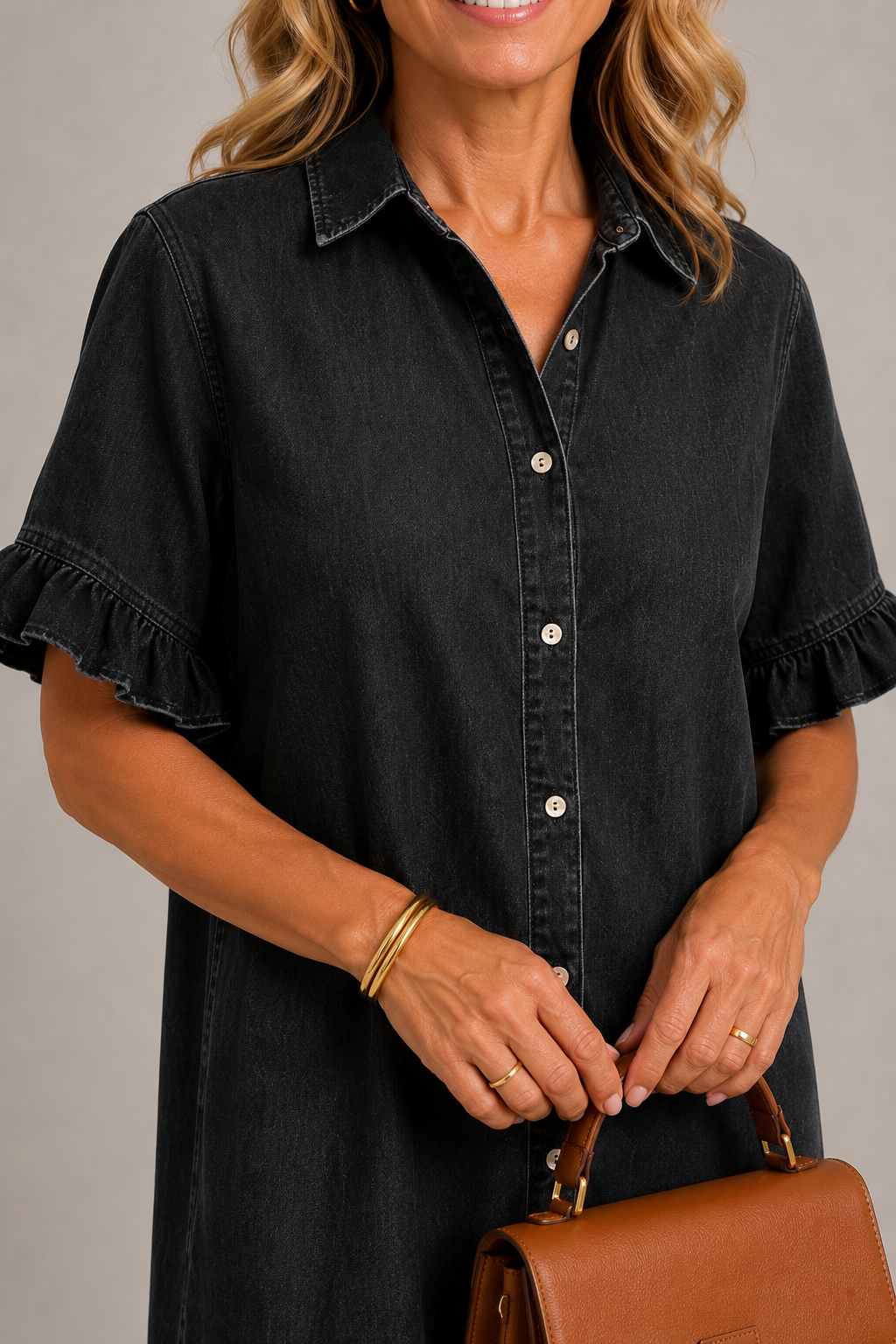 Denim - Ruffle Trim Shirt Dress