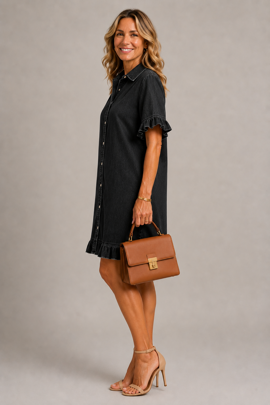 Denim - Ruffle Trim Shirt Dress