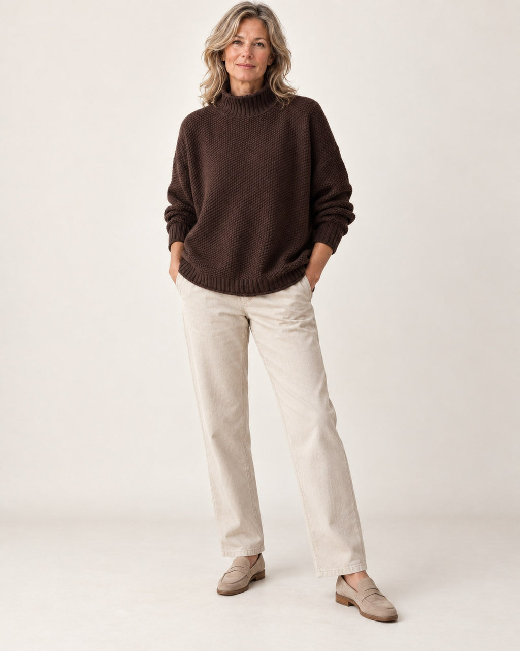 Dorothy knitted sweater in brown, full-body view on model
