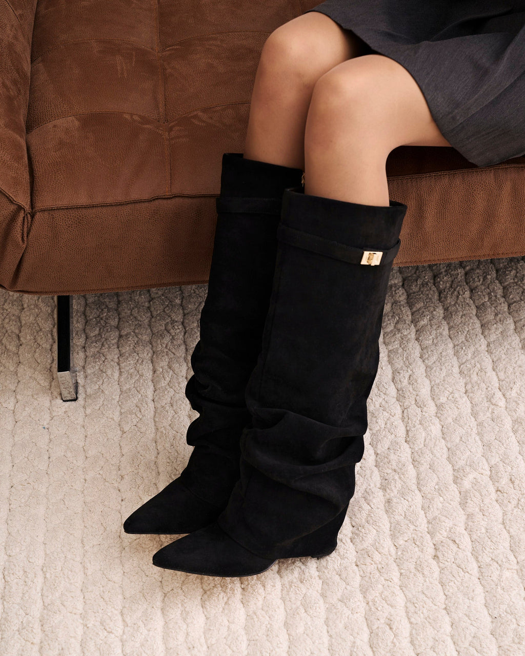 The Sienna Slouch Suede Knee-High Boots - Black — view 2