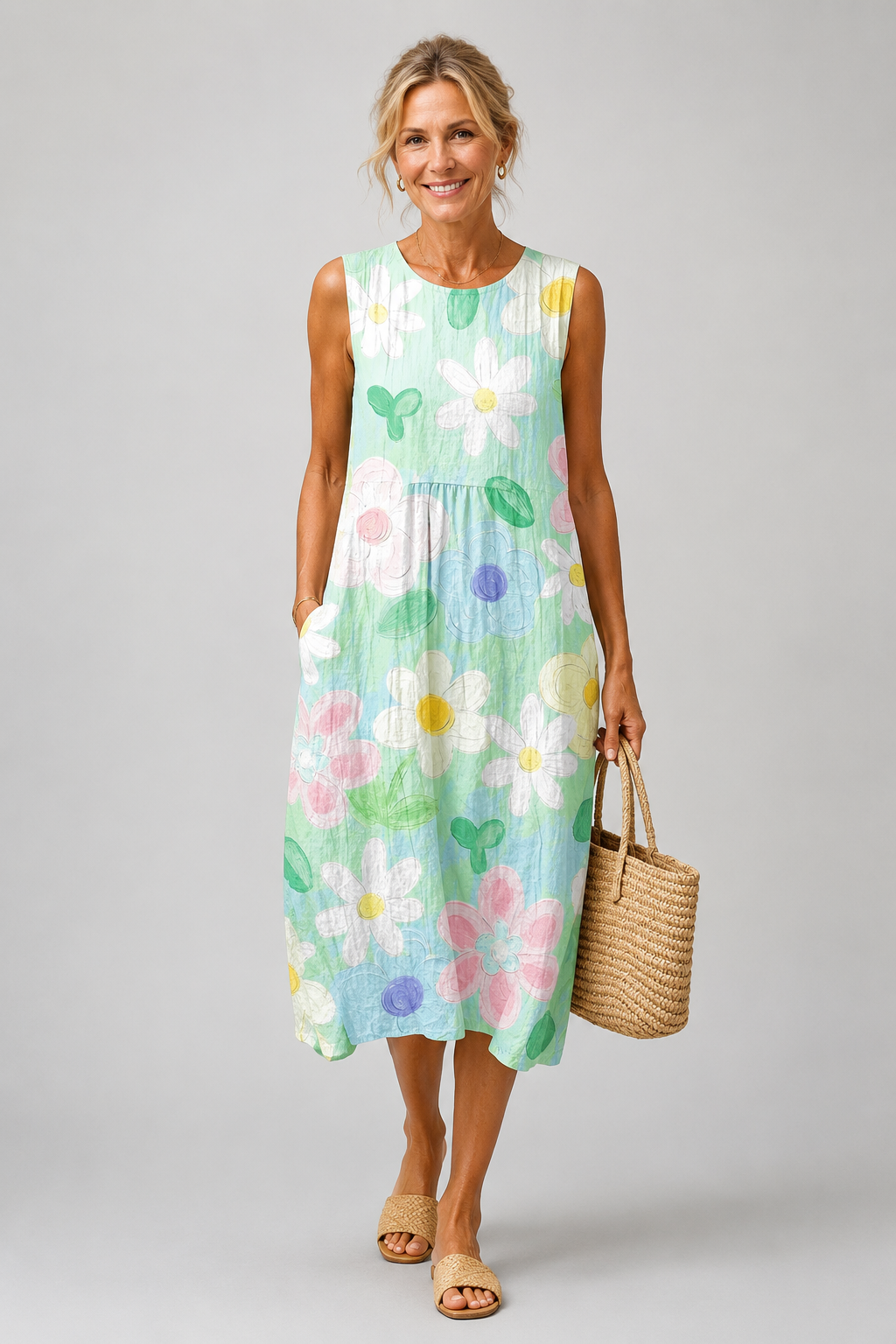 Erin - Pastel Floral Sleeveless Midi Dress