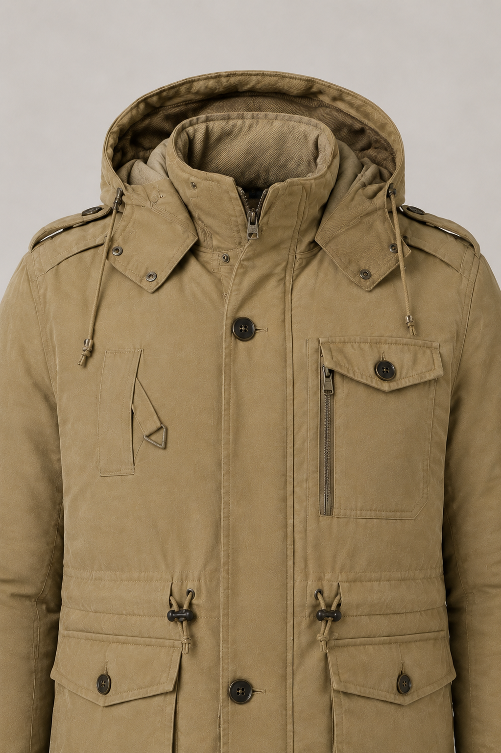 Graham Soft-Lined Winter Parka in Khaki – hood and pocket detail