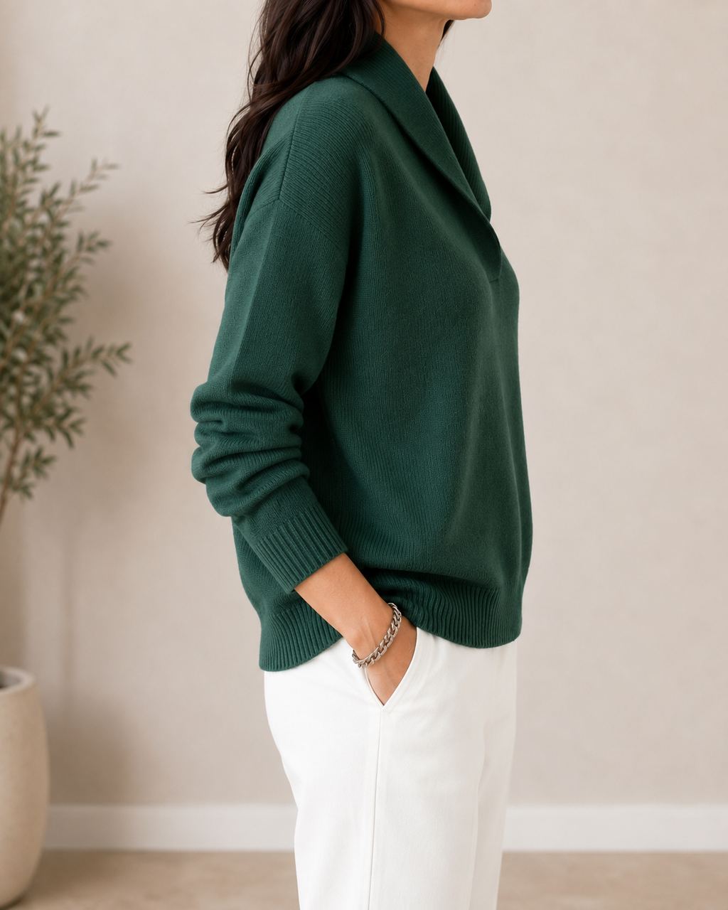 Side view of the Harriet shawl collar sweater in Forest Green