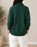 Back view of the Harriet shawl collar sweater in Forest Green