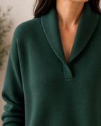 Close-up of the soft shawl collar on the Harriet sweater