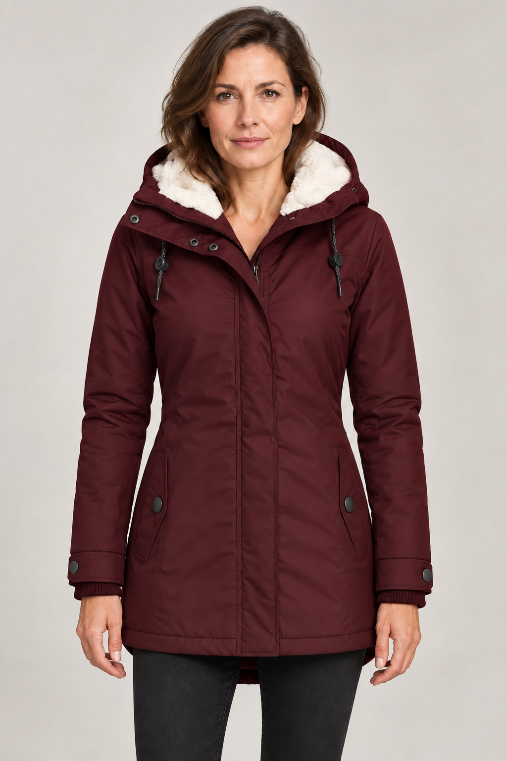 Kirsten parka Burgundy – vooraanzicht op model in studio