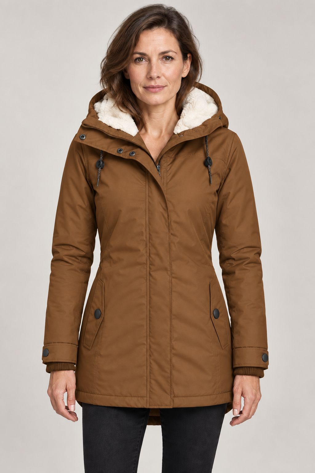 Kirsten parka Camel – vooraanzicht op model in studio