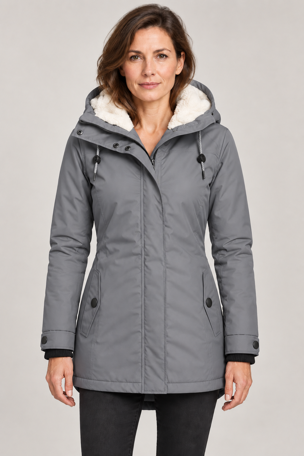 Kirsten parka Grey – vooraanzicht op model in studio