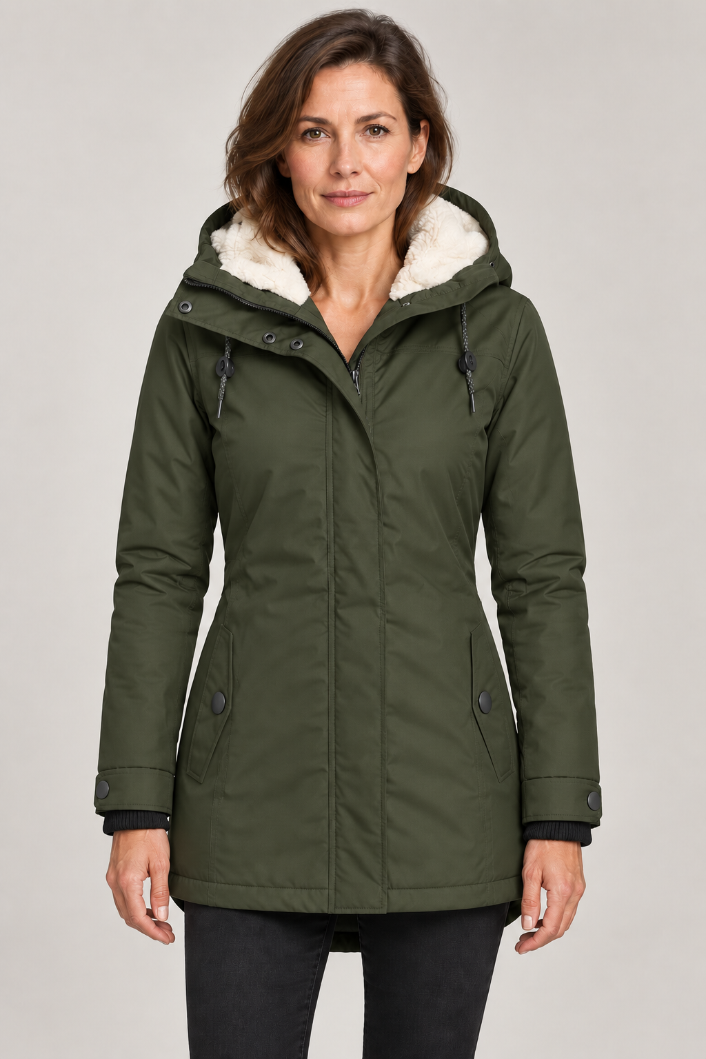 Kirsten parka Olive – vooraanzicht op model in studio