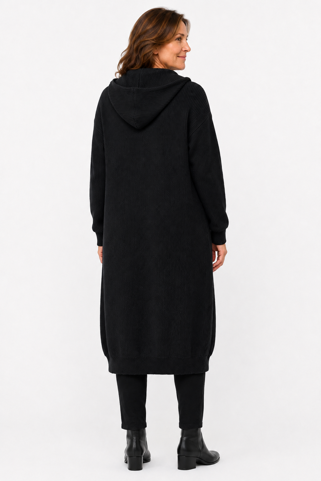 Lina Hooded Longline Knit Cardigan in Black - back view