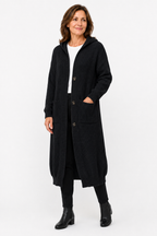 Lina Hooded Longline Knit Cardigan in Black - front view