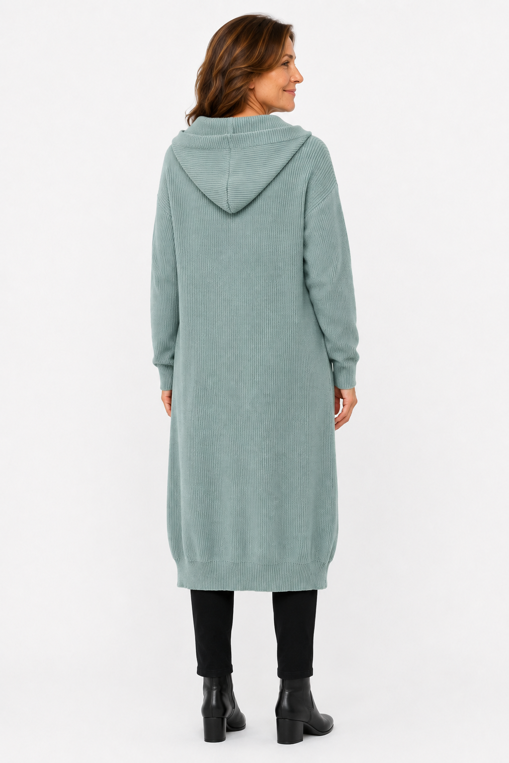 Lina Hooded Longline Knit Cardigan in Dark Green - back view