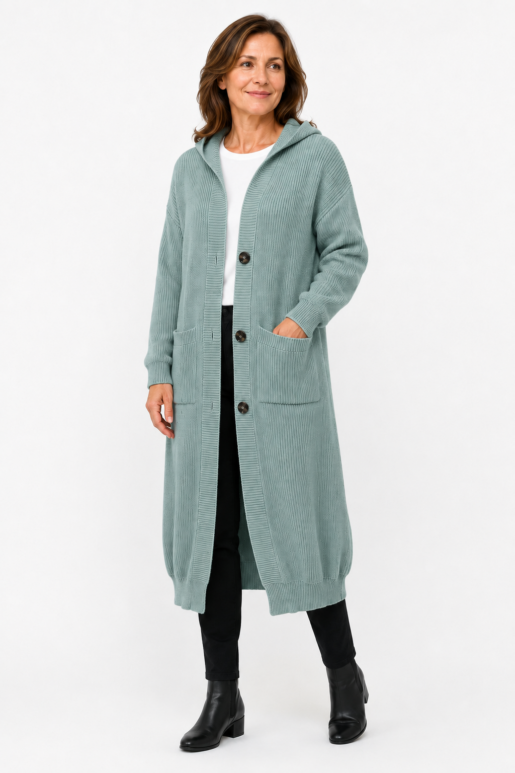 Lina Hooded Longline Knit Cardigan in Dark Green - front view