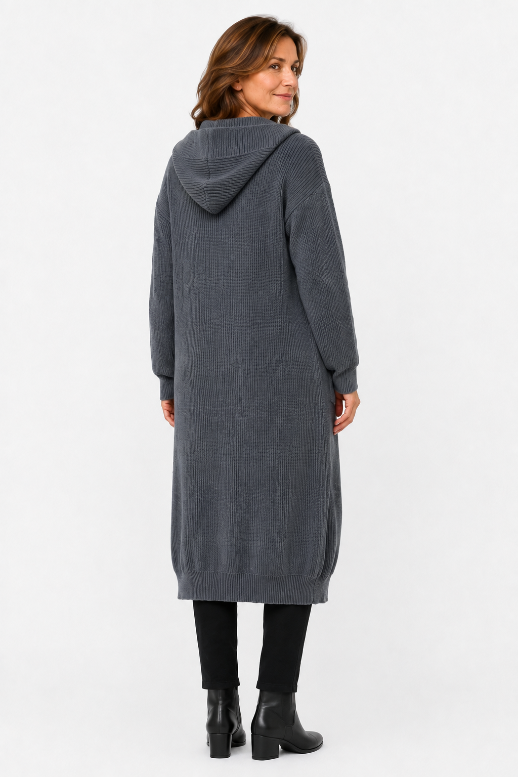 Lina Hooded Longline Knit Cardigan in Grey - back view
