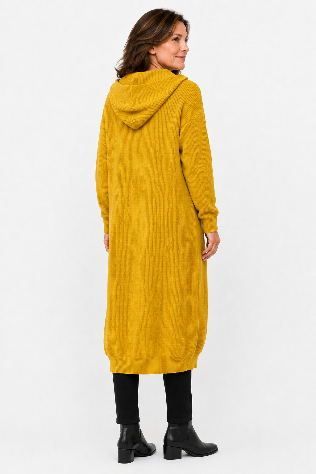 Lina Hooded Longline Knit Cardigan in Yellow - back view