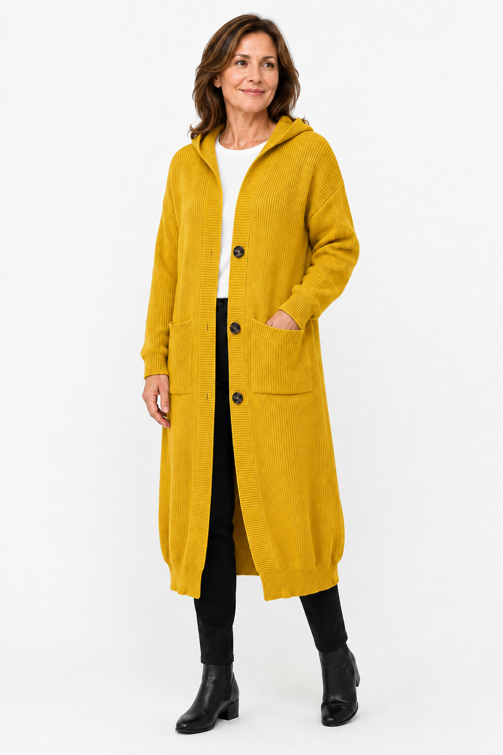 Lina Hooded Longline Knit Cardigan in Yellow - front view