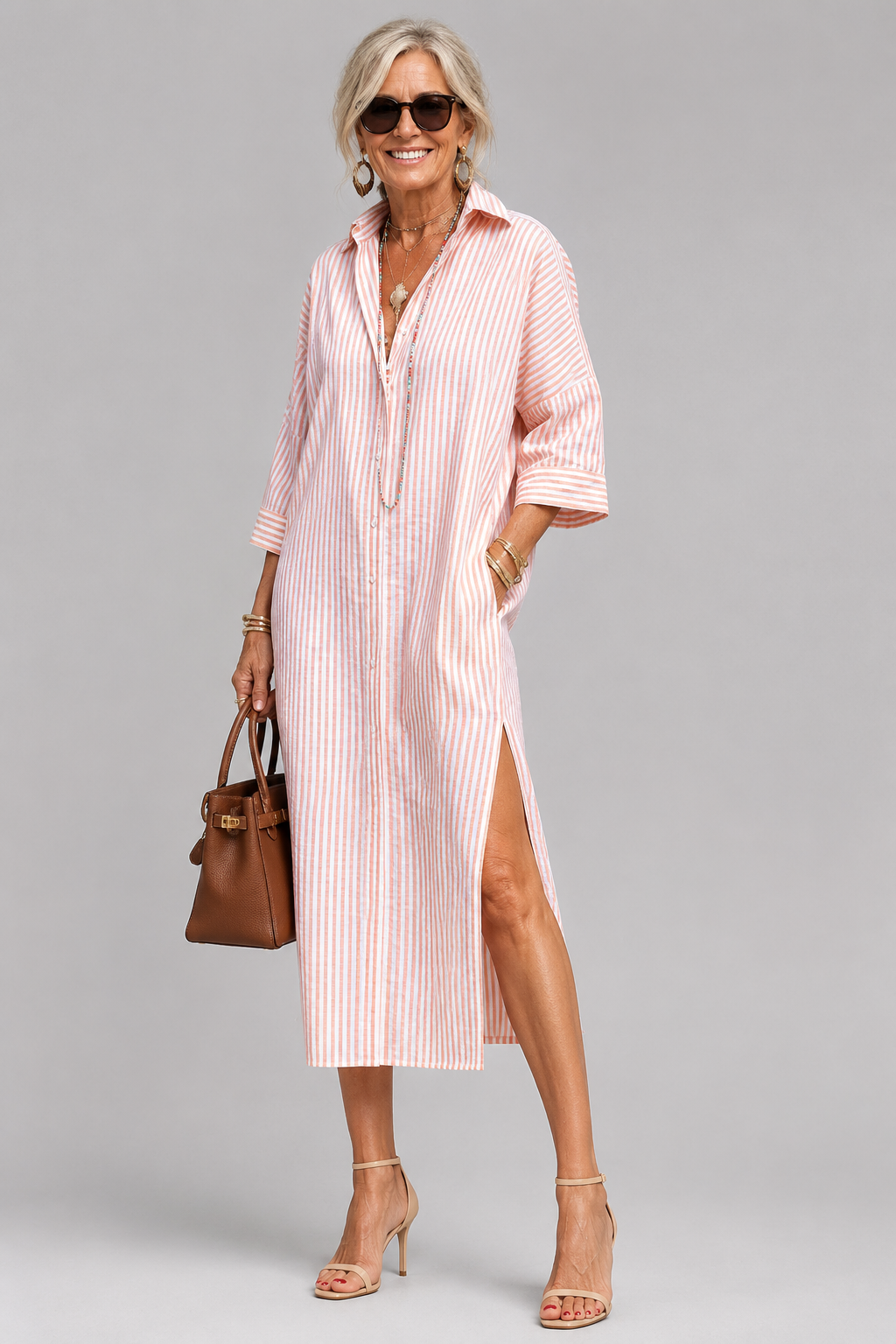 Lumera - Wrinkle-Free Striped Shirt Midi Dress