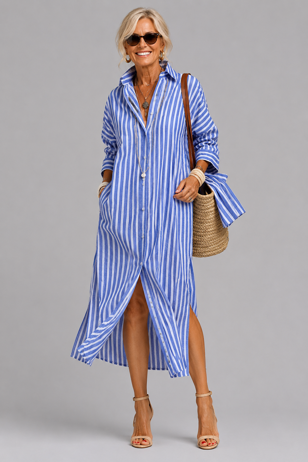 Lumera - Wrinkle-Free Striped Shirt Midi Dress