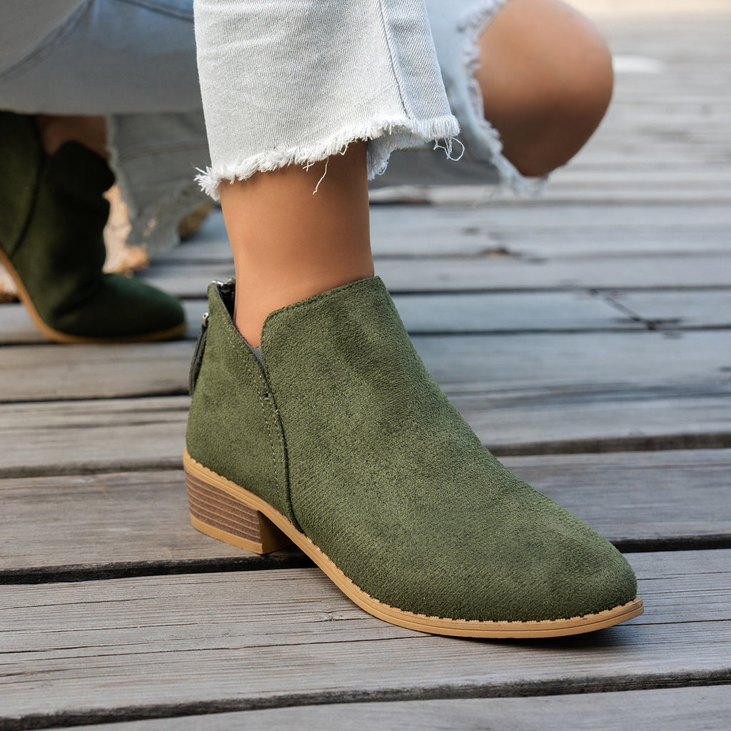 Marlowe comfort low-heel ankle boots in green, worn with cropped jeans