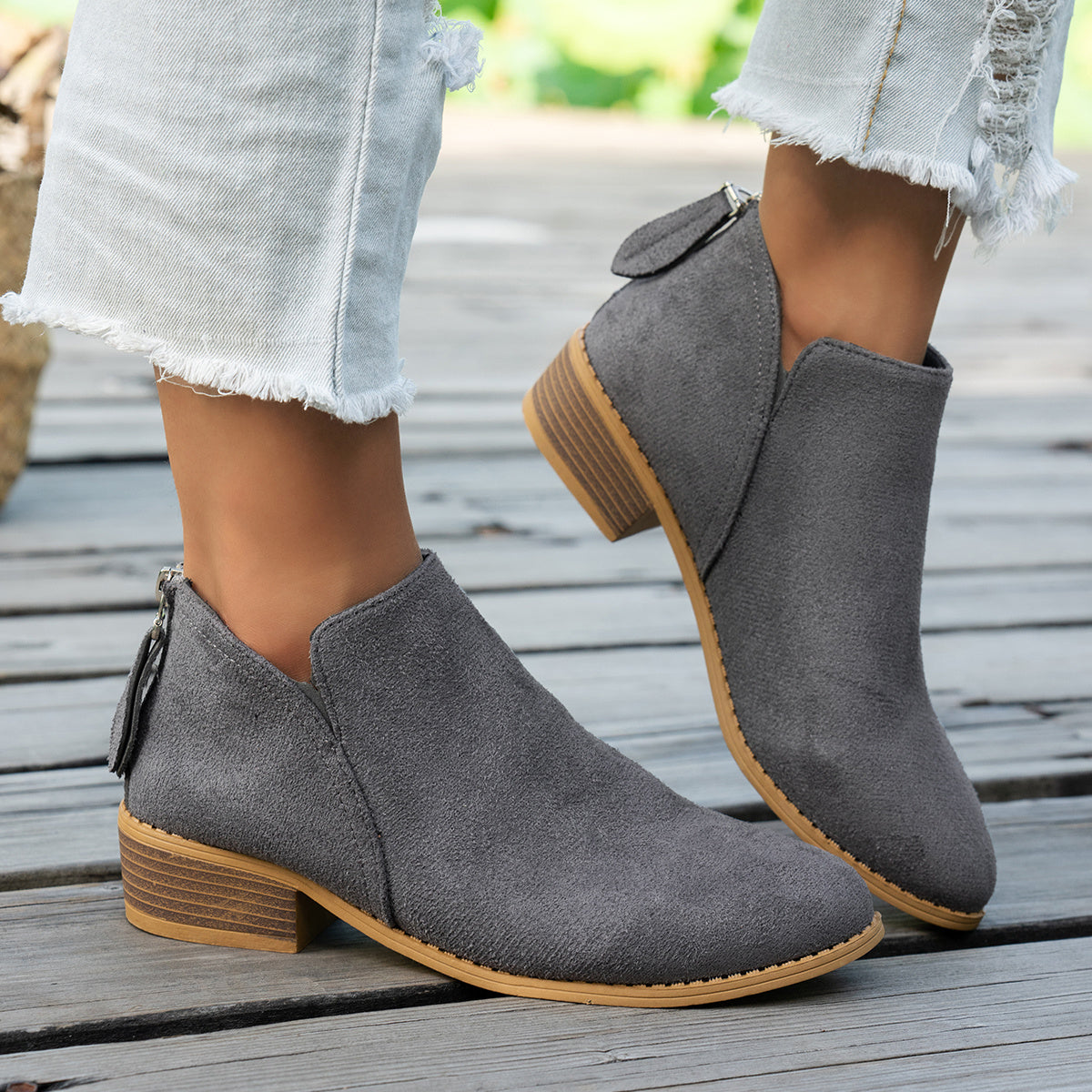 Marlowe comfort low-heel ankle boots in grey, worn with cropped jeans