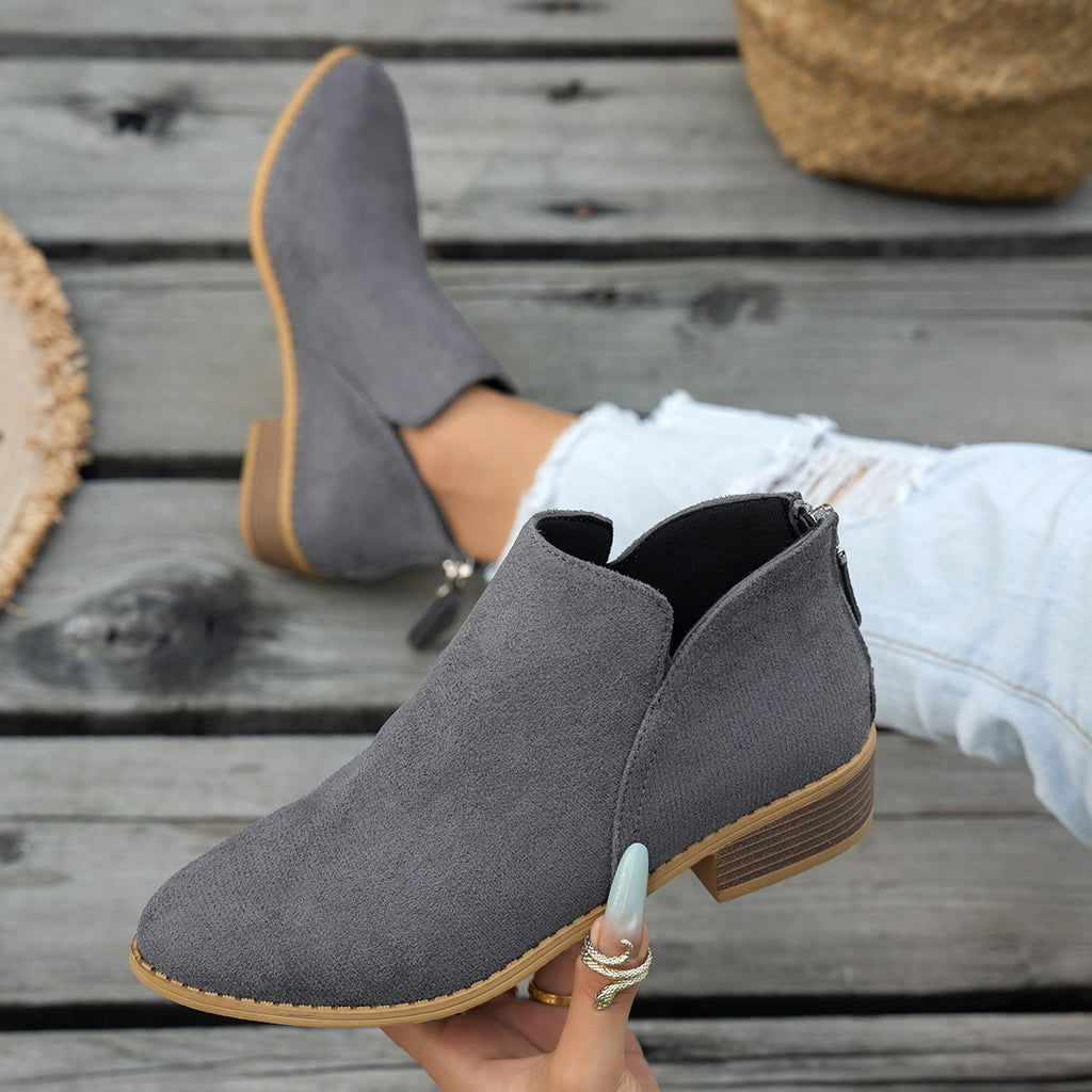 Marlowe comfort low-heel ankle boot in grey, showing the V-cut ankle and back zip