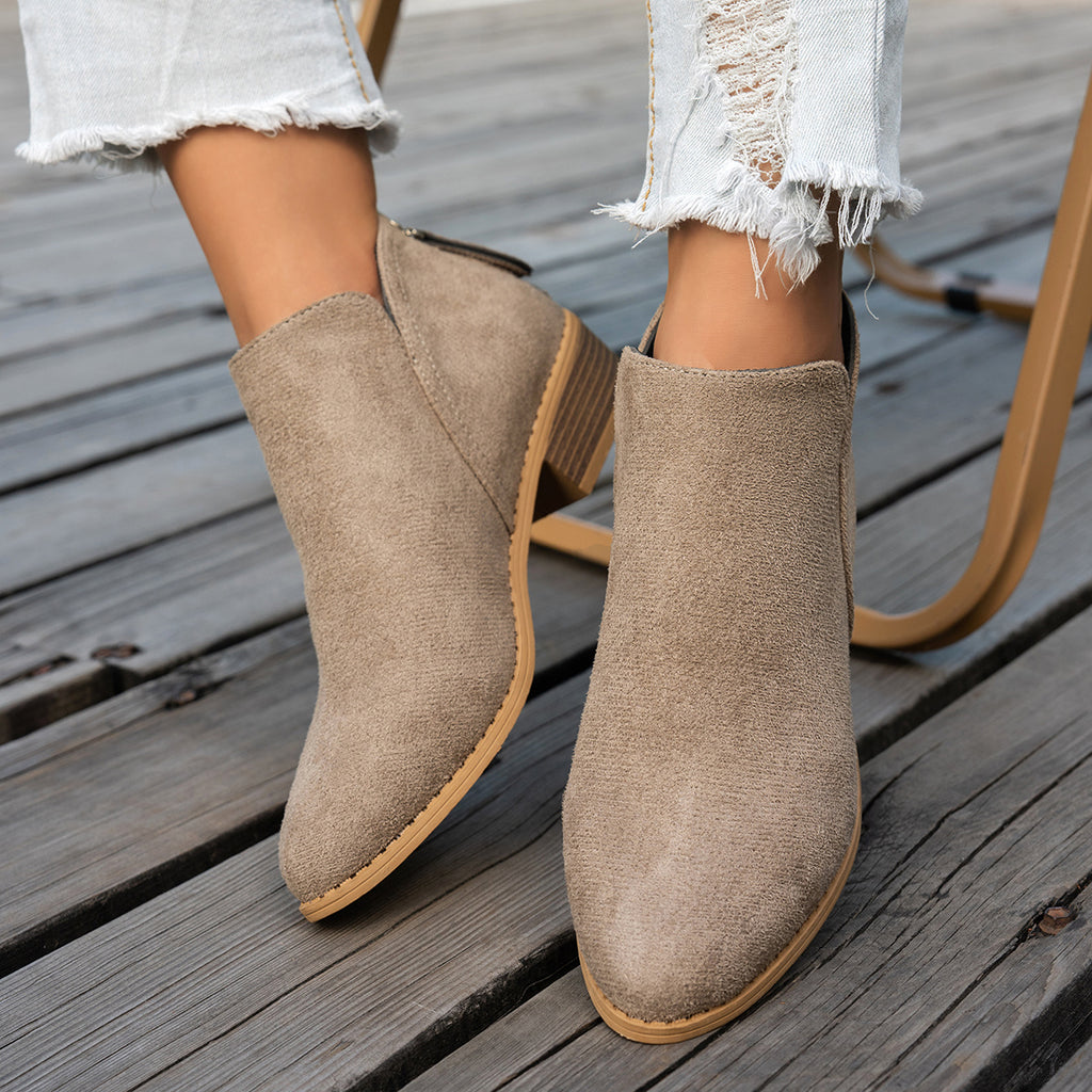 Marlowe comfort low-heel ankle boots in khaki, worn with cropped jeans
