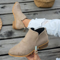 Marlowe comfort low-heel ankle boot in khaki, showing the soft matte upper and low stacked heel