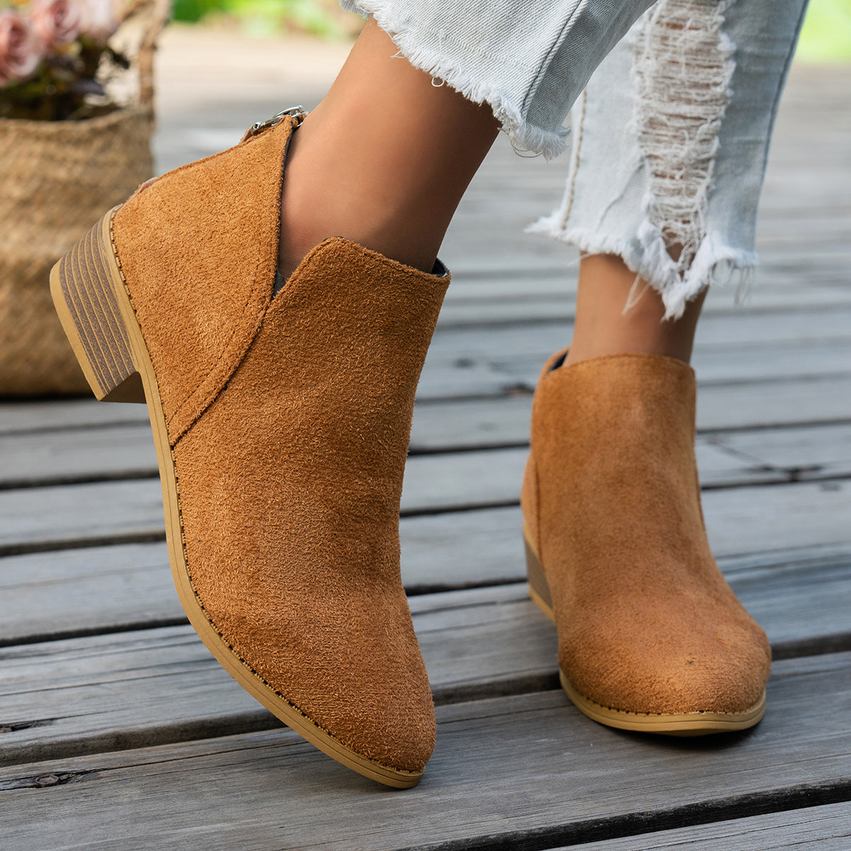 Marlowe comfort low-heel ankle boots in light brown, worn with cropped jeans