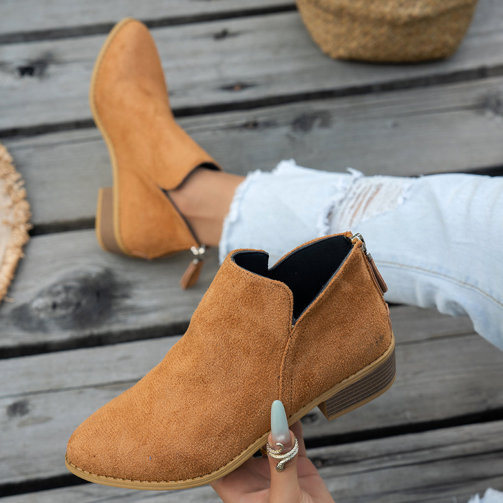 Marlowe comfort low-heel ankle boot in light brown, showing the soft matte upper and back zip