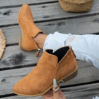 Marlowe comfort low-heel ankle boot in light brown, showing the soft matte upper and back zip